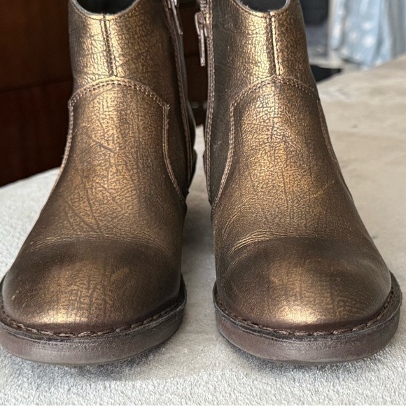 Fly London Ankle Boots Gold Bronze Block Heel Zip Up Booties Womens EU 37 US 6.5 - Picture 4 of 16